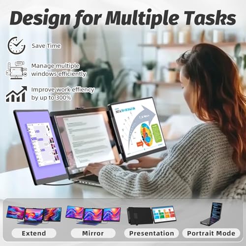 KOJOM 2K Laptop Screen Extender - 13" IPS 1440P Triple Screen Laptop Monitor Extender Plug & Play Multi Screen Attachment for 13"-17" Laptops Compatible with Wins Mac Dex Chrome Travel Gaming Work