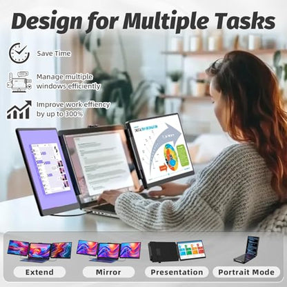 KOJOM 2K Laptop Screen Extender - 13" IPS 1440P Triple Screen Laptop Monitor Extender Plug & Play Multi Screen Attachment for 13"-17" Laptops Compatible with Wins Mac Dex Chrome Travel Gaming Work