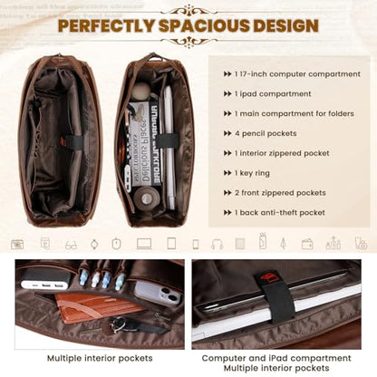 RAINSMORE Mens Messenger Bag 17 Inch Waterproof Vintage Leather Laptop Briefcase Large Computer Laptop Bag Satchel Bag Retro Shoulder Bag,Brown