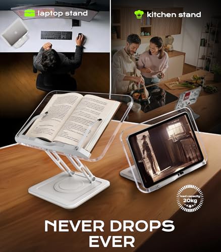 Book Stand for Reading, Adjustable Book Holder with 360°Rotating Bases, Ergonomic Cookbook Stand Recipe Book Holder with Elastic Page Clips for Magazines, Tablets, Laptops,Acrylic White - color: Acrylic White