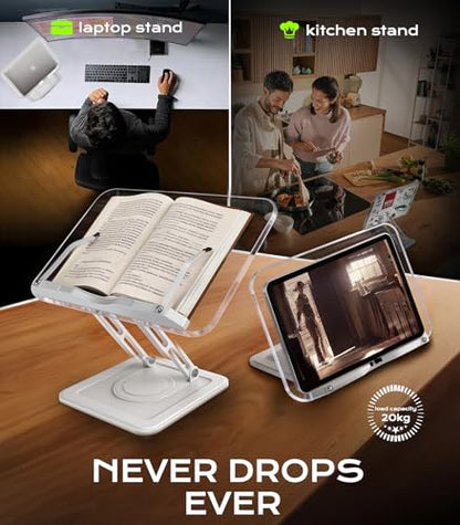 Book Stand for Reading, Adjustable Book Holder with 360°Rotating Bases, Ergonomic Cookbook Stand Recipe Book Holder with Elastic Page Clips for Magazines, Tablets, Laptops,Acrylic White - color: Acrylic White