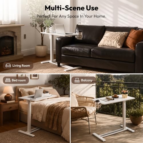 SANODESK 28''Pneumatic Adjustable Overbed Bedside Table with Hidden Casters | Medical Mobile Side End Table Laptop Computer Standing Desk Cart with Tray, Hospital and Home Use(27.6" W x 15.7" D,White) - color: White, size: Small