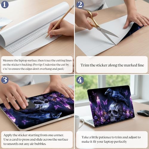Universal Laptop Skin Sticker Decal,15.6 Inch Laptop Vinyl Cover for 13" 14" 15.6" Laptop,Scratch-Resistant Waterproof Protector Wrap,Reusable with Wrist Pads,Raven Skull - color: Raven Skull