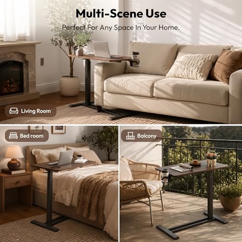 SANODESK 32''Pneumatic Adjustable Overbed Bedside Table with Hidden Casters | Medical Mobile Side End Table Laptop Computer Standing Desk Cart with Tray, Hospital and Home Use(31.5" W x 17.7" D,Walnut) - color: Walnut, size: Large