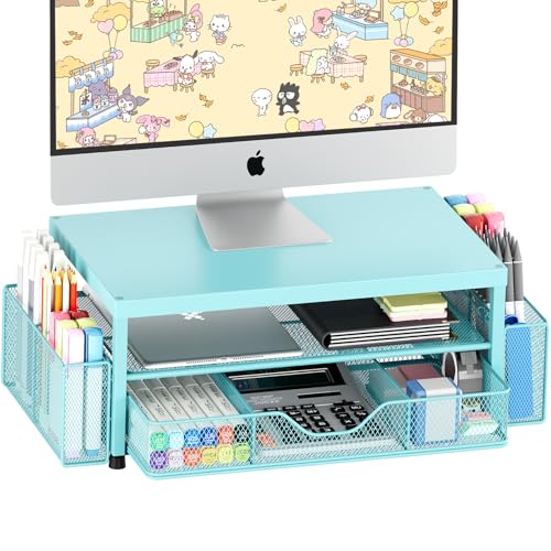 OPNICE Desk Organizer and Accessories, 2-Tier Computer Monitor Stand Riser with Drawer and 2 Pen Holders, Laptop Stand, Office Desk Accessories for Office Supplies, 1 Pack, Teal Blue - color: Teal Blue 1-Pack, size: Single