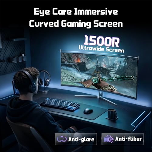 Hikers 34 Inch Curved Gaming Monitor UWQHD 200Hz HDMI 2.1×2 & DP 1.4×1 | Ultrawide 3440×1440 Monitor, 21:9 PIP/PBP Fast VA MPRT 1ms 131% sRGB AI Crosshair (G34H1Q, Includes One HDMI 2.1 Cable) - size: 34 inch
