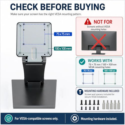Foldable Portable Low Profile Monitor Stand, VESA 75x75/100x100 | Strong hinge stays securely in position throughout the -15° to +180° tilt range; compact, stable base saves desk space