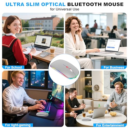 LED Bluetooth Wireless Mouse for MacBook Air Mac Pro Laptop iPad–Silver | Rechargeable Silent Light-Up Optical Mouse with Jiggler Dual Mode BT5.2 & USB-A/USB-C for Students Kids Girls Boys