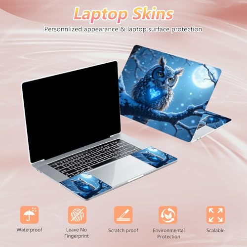 Laptop Skin Sticker Decal 12" 13" 13.3" 14" 15" 15.6",Waterproof Scratch Resistant Vinyl,Reusable Easy to Apply,for MacBook HP Dell Notebooks Netbooks Laptop,2 Wrist Pads,Blue Owl Snow - color: Blue Owl Snow