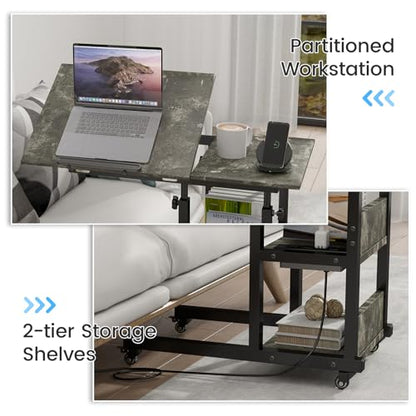Hadulcet Adjustable C Table with Charging Station, Tiltable Desk C Shaped End Table for Couch, Over Bed Table with Wheels Adjustable Height, Laptop Stand Drawing Desk, Marble Grey - color: Marble Grey, style: Upgrade