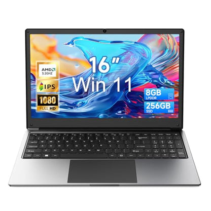 16 inch Laptop Computer,8GB RAM 256GB SSD Storage Laptop PC,with AMD A9 Processor(up to 3.2GHz),IPS FHD Display,Win11,Students & Work Notebook Computer, Cooling System, 9000mAh Battery
