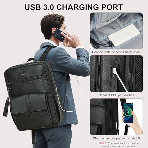 16 inch Vegan Leather Laptop Backpack with USB Charger | Smart Computer Backpack For Men and Women,Back Pocket Convert Luggage Sleeve,20L Large Capacity,Business Work Office College - color: Two-toned Black
