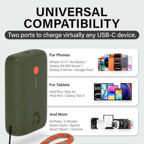 Nimble Champ Portable Charger, 10000mAh Power Bank, 20W Dual USB-C Charging | Compatible with iPhone, Samsung, Tablet, iPad, MacBook, Travel Essential Power Bank with 2ft USB C Cable Included - color: Outdoor Green