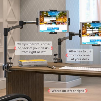 LEVO G2 Clamp-On Tablet Stand, Articulating iPad & Kindle Mount for Desk | 5-axis arm frees workspace, bedside or kitchen counter positioning, hands-free reading, recipes, video calls, work or play