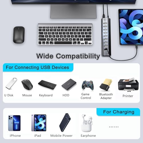 Powered USB Hub 2.0, VIENON 10-Port USB Hub USB Extender Splitterwith Individual LED Indicator Light for MacBook, PC, Laptop, Desktop - style: Powered 10-Port