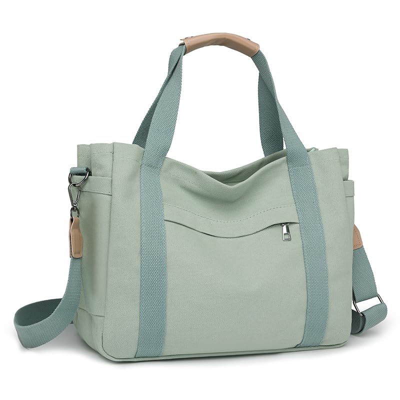 JARKJARD Canvas Crossbody Tote Bag for Women Laptop Work Handbag | Cute Aesthetic Shoulder Messenger Purse with Zipper Pockets and Compartments Great for Daily Travel and Office use - color: Green