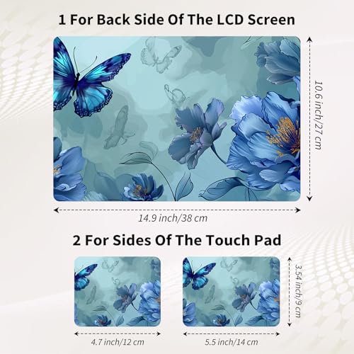 15.6 Inch Laptop Skin Sticker, Reusable Vinyl Cover Protector with 2 Wrist Pad Skins, Removable Waterproof Scratch-Resistant for 12-15.6 Inch Laptop Notebook,Blue Butterflies Flowers - color: Blue Butterflies Flowers