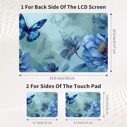 15.6 Inch Laptop Skin Sticker, Reusable Vinyl Cover Protector with 2 Wrist Pad Skins, Removable Waterproof Scratch-Resistant for 12-15.6 Inch Laptop Notebook,Blue Butterflies Flowers - color: Blue Butterflies Flowers