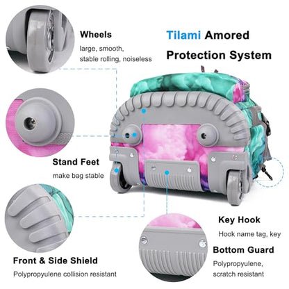 Tilami Rolling Backpack, 18 inch Shoulder Drop, Concealed Pockets and Wheel Cover, Laptop Backpack for Boys and Girls, Clouds Green - color: Clouds Green