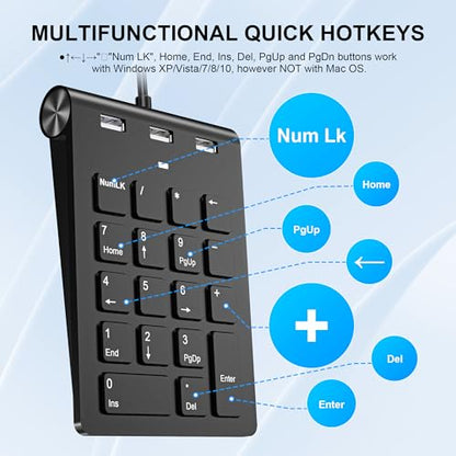 18 Key Wired Numeric Keypad with 3 Port USB 2.0 Hub, USB C & USB A Slim Portable Numpad for Laptop, Desktop, PC, MacBook, Efficiency Financial Accounting Num Pad USB c Support Plug and Play
