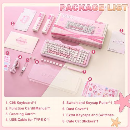 YUNZII C98 Cute Cake Wireless Mechanical Keyboard (Pink, Milk Switch) | 99 Keys with Number Pad, Hot Swap, PBT MOA Keycaps, BT5.0/2.4G/USB-C, Gasket Mount, Custom RGB Backlit for Win/Mac - color: Pink, size: Milk V2 Linear Switch