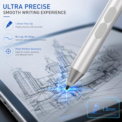 Pen for Surface Pro 11/10/9/8/X, Surface Laptop/Book/Go/Studio, Kobo | Palm Rejection, 1024 Pressure, 2500H Battery Life Active Stylus Pencil for Student Note-Taking & Artist Business Drawing - color: Platinum