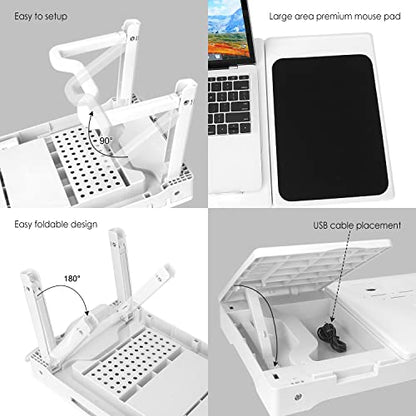 Foldable Laptop Desk, Adjustable Portable Laptop Stand for Bed Couch, Small Bed Table for Laptops and Writing, Bed Tray Table with Cup Holder, Cooling Fan, LED Light (White) - color: White