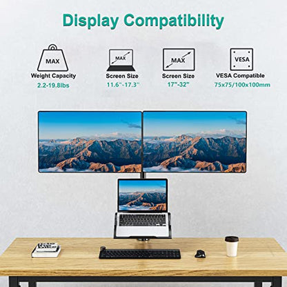 WALI Monitor and Laptop Mount, Dual Monitor Stand with Laptop Tray Fit Computer Screens up to 32”, Laptop Desk Mount with Notebook up to 17”