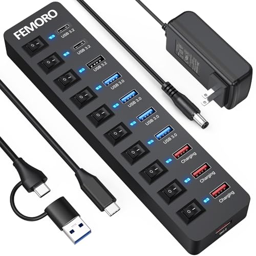 Powered USB C Hub 3.2 11-Port 48W, USB-C 3.2 (10Gbps)*2 + USB-A 3.2 (10Gbps)*1 + USB-A 3.0 (5Gbps)*4 + Power-only Port*4 with 12V/4A Power Adapter High Speed for Laptop PC Phone SSD HDD Flash Drive