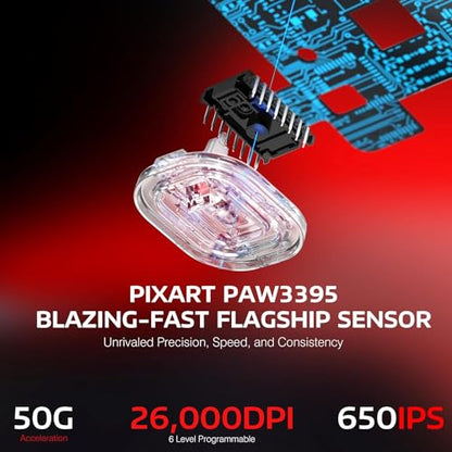 ATTACK SHARK X3 49g Ultra-Lightweight Wireless Gaming Mouse, Red&Tape | Bluetooth 5.2/2.4G Wireless/Wired, PAW3395 Gaming Sensor, 26K DPI, 200h Battery Life, Programmable Buttons for PC/Mac/Win - color: Red & Griptape