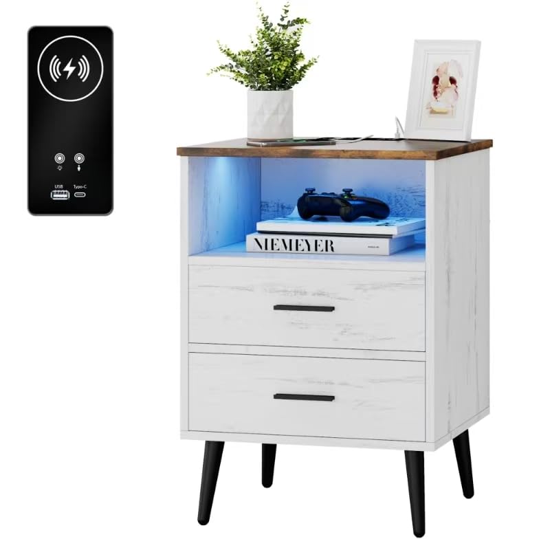 Lareth Farmhouse LED Nightstand with Charging Station, Antique White | 17.7" W x 15.7" D Wooden Night Stand, 2 Drawers, Smart Bedside Table, For Dorm, Apartment, Small Space - color: Antique White