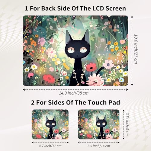 Laptop Skin Sticker 3-Piece Set,Black Cat Among Flowers | Trim-to-fit 3-piece vinyl set with one 15 x 10.6 in lid skin and two palm-rest decals for many 12-15.6 in laptops - color: Black Cat Among Flowers