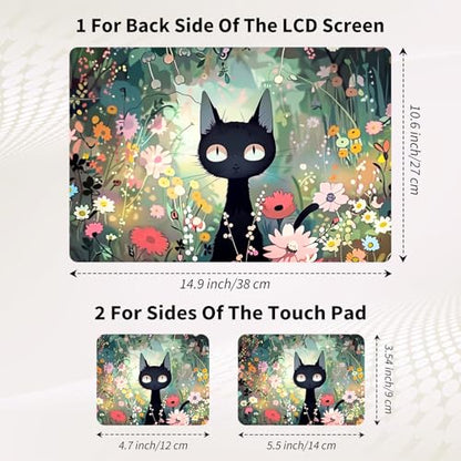 Laptop Skin Sticker 3-Piece Set,Black Cat Among Flowers | Trim-to-fit 3-piece vinyl set with one 15 x 10.6 in lid skin and two palm-rest decals for many 12-15.6 in laptops - color: Black Cat Among Flowers