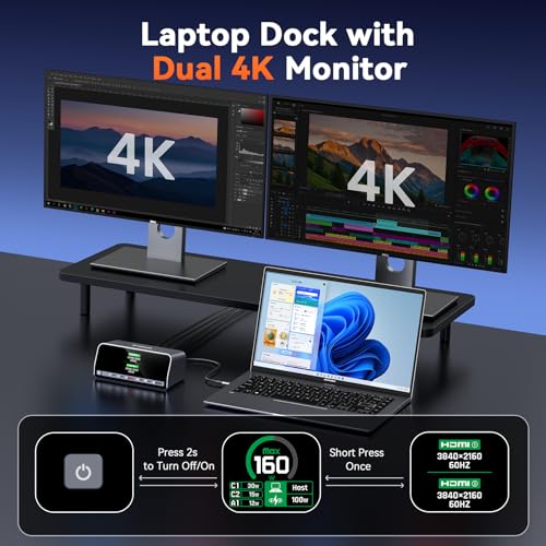 TobenONE Docking Station Dual 4K Monitor for Windows, 160W GaN+ LCD Display | Laptop Dock with HDMI, PD 3.0, 10Gbps USB A/C, Real-time LCD Screen, 160W Smart Power Distribution, Compact for Office/Gaming
