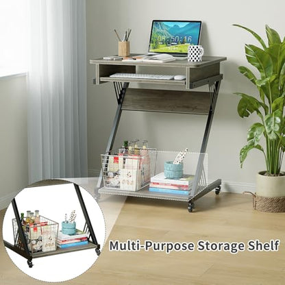 ALISENED Computer Desk for Small Spaces Compact Desk with Keyboard Tray | 23.6" Z-Shaped, with Wheels and Bottom Shelves, for Home Office, Computer Cart Mobile Laptop Cart, Grey - color: Grey