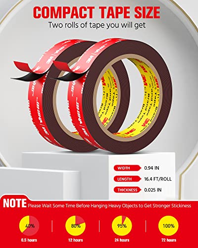 Double Sided Tape Heavy Duty (2 Pack), Waterproof Strong Mounting Adhesive Tape for Walls, Car, Home Decor, Office Decor, Made of 3M VHB Tape (16.4FT x 0.94IN) | Outdoor Waterproof, Stick Foam Mounting Tape for Walls Automotive Trim Home Office Decor Indu