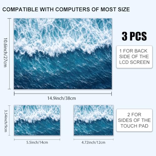 3Pcs Ocean Laptop Skin Sticker Waves Universal Removable Vinyl Stickers Fits for 12.1 13 14 15.6 16 Inch Waterproof Notebook Decal Cover Gift - color: dark blue and light blue