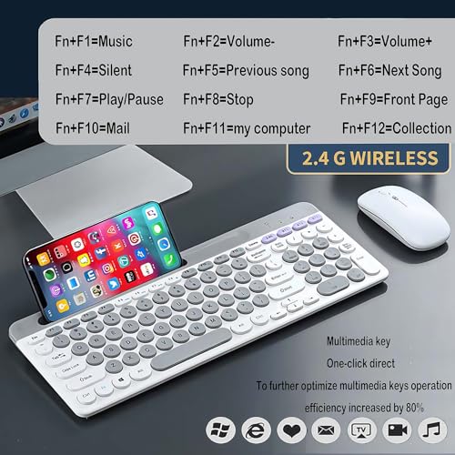 Wireless Keyboard and Mouse Combo with Phone Tablet Holder, Rechargeable Dual-Mode (Bluetooth 5.0 and 3.0 +2.4G) Multi-Device Silent Mouse for Windows, iPad, Tablet, MacOS,iOS,Android (Grey+White) - color: Grey+White