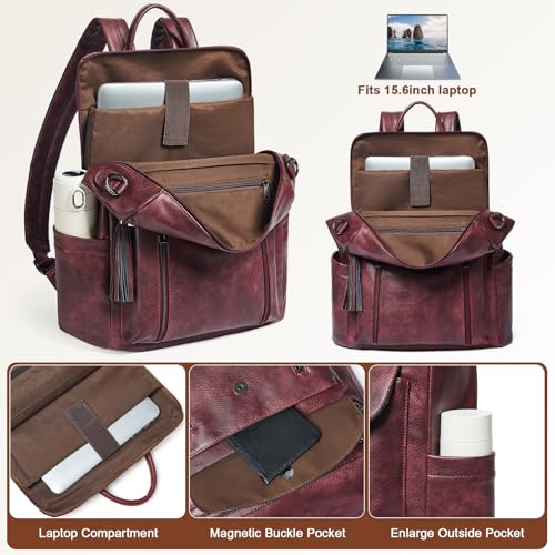Laptop Backpack for Women 15.6 inch,Travel Leather Backpack Purse Nurse Teacher Carry on Backpack Computer Bag,Professional Water-Resistant College Business Work Casual Daypack,Two-tone Maroon - color: Two-tone Maroon