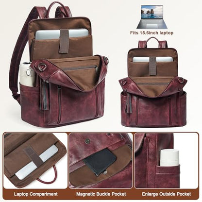 Laptop Backpack for Women 15.6 inch,Travel Leather Backpack Purse Nurse Teacher Carry on Backpack Computer Bag,Professional Water-Resistant College Business Work Casual Daypack,Two-tone Maroon - color: Two-tone Maroon