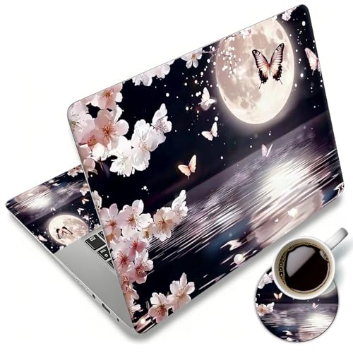 Laptop Skin Sticker Decal 12"-15.6" Universal Laptop/Notebook/Netbook Vinyl - Waterproof Scratch Resistant,Fits HP Dell Lenovo MacBook,2 Free Wrist Pads,Easy Apply & Remove,Cherry Blossom Moon - color: Cherry Blossom Moon