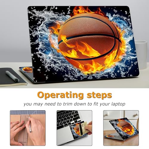 Universal Laptop Skin Sticker with 2 Wrist Pad Decals, 3-Piece Removable Vinyl Laptop Cover, Ice Fire Basketball Waterproof Anti-Scratch, Easy-Trim Fit for 13.3" 14" 15.6" Laptops - color: Ice Fire Basketball