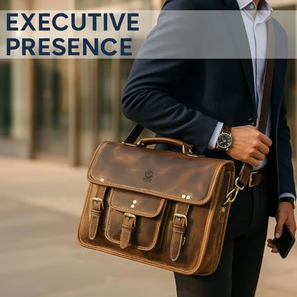 Leather Messenger Bag for Men - 16 Inch Laptop Briefcase, Office Satchel | Fits 16" Laptop & Documents, Top-handle, Removable Shoulder Strap, Brass Fittings, Luggage Sleeve, Organized Pockets - color: Brown
