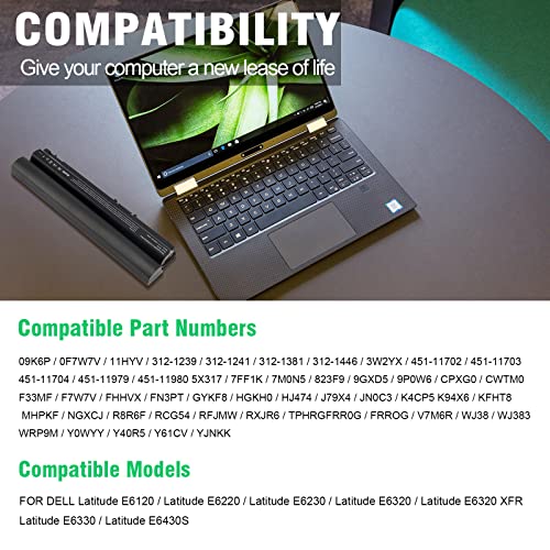 Futurebatt Performance Laptop Battery Replacement for Dell Latitude E6120 E6220 E6230 E6320 E6320xfr E6330 E6430s Series, p/n 312-1241 312-1242 FRROG [Li-ion 11.1v 5200mah] - size: E6320 9.84 3.94 1.77in