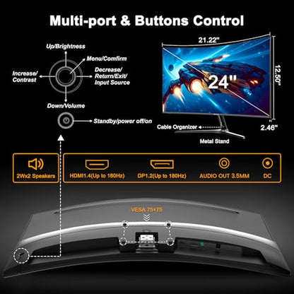SANSUI 24 Inch Curved Gaming Monitor up to 180Hz MPRT 1ms with Built-in Speakers,FHD 1080P Computer Monitor Freesync 130% sRGB HDR,HDMI DP Ports VESA Mount Metal Stand(ES-G24C1 HDMI Cable Included) - size: 24.01