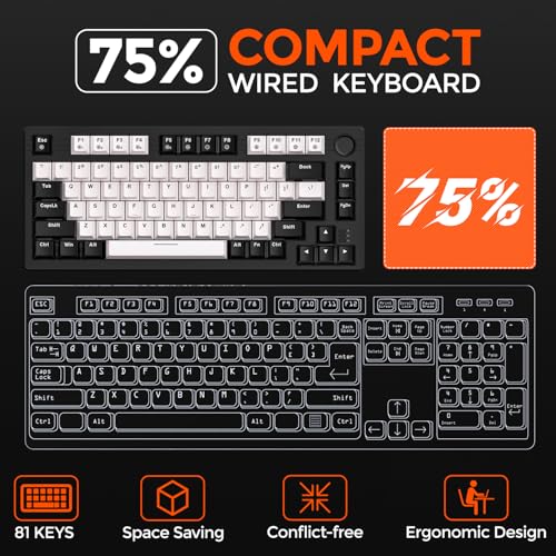 DAREU EK75 Wired Mechanical Keyboard,75% Keyboard with Volume Knob,Gasket Mount Mechanical Gaming Keyboards,81 Keys Rainbow Backlit,PBT Keycaps,Linear Dream Switch for PC Laptop Windows(Black-White) - color: Black-White
