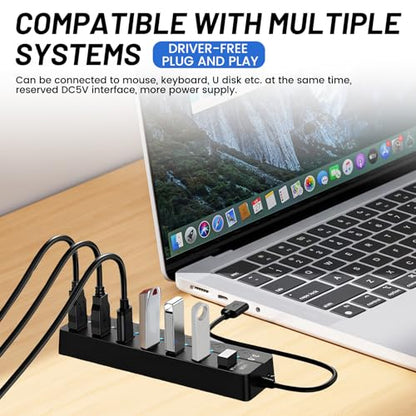 7-Port USB 3.0 Hub with Individual On/Off Switches, 5Gbps Data Transfer USB Splitter for Laptop, PC, Desktop, MacBook, Keyboard, Mouse, Flash Drive, Printer