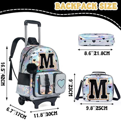 HTgroce Cute Rolling Backpack with Wheel,School Backpack for Kids Girl Roller Schoolbag Wheeled Backpacks Set Carry-on Luggage,Initial M - color: Silver, style: M