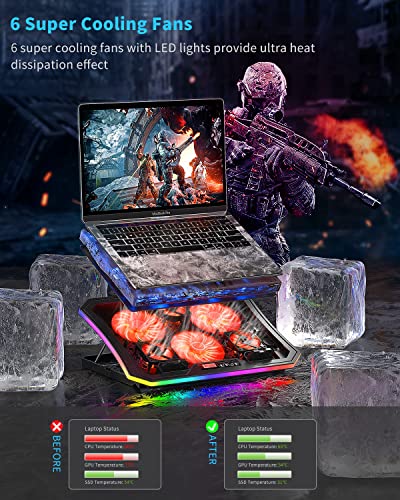 Laptop Cooling Pad, KeiBn RGB Lights Laptop Cooler 6 Fans for 15.6-17.3 Inch Laptops, 7 Height Stands, 10 Modes Light, 2 USB Ports, Desk or Lap Use (A8,Red) - size: A8-Red