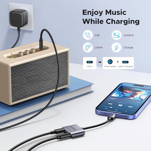 UGREEN USB C to 3.5mm Audio and Charger Adapter 2 in 1 Type C to Aux Headphone Jack with PD 60W Charging Dongle for Earbuds Compatible with iPhone 17 16 Pro Max, Galaxy S26 S25 Ultra iPad Pro Switch 2